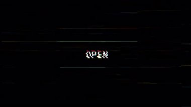 Kromatik RGB arızası, VHS statik gürültüsü ve karanlık ekran arka planında analog çarpıtma ile gösterilen açık sözcük. 4K video