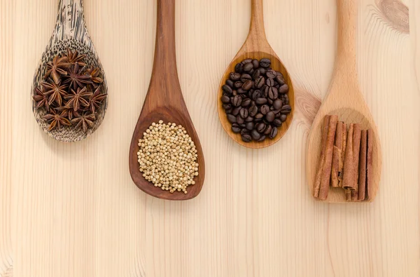 Коричные палочки, анис, кориандр и зерно кофе на деревянной ложке . — стоковое фото