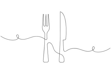 Minimalist sürekli bir bıçak ve çatal çizimi beyaz arka planda, restoran, kafe ve yemek logosu tasarımı için mükemmel.