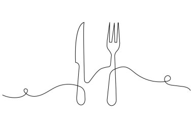 Minimalist sürekli bir bıçak ve çatal çizimi beyaz arka planda, restoran, kafe ve yemek logosu tasarımı için mükemmel.