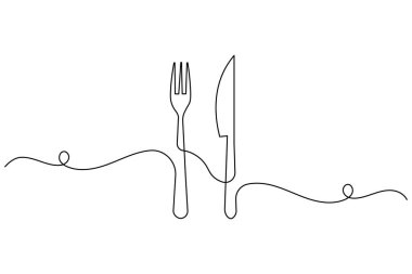 Minimalist sürekli bir bıçak ve çatal çizimi beyaz arka planda, restoran, kafe ve yemek logosu tasarımı için mükemmel.