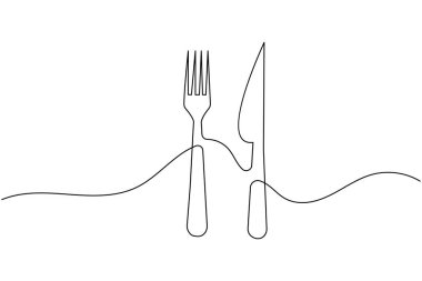 Minimalist sürekli bir bıçak ve çatal çizimi beyaz arka planda, restoran, kafe ve yemek logosu tasarımı için mükemmel.