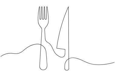 Minimalist sürekli bir bıçak ve çatal çizimi beyaz arka planda, restoran, kafe ve yemek logosu tasarımı için mükemmel.