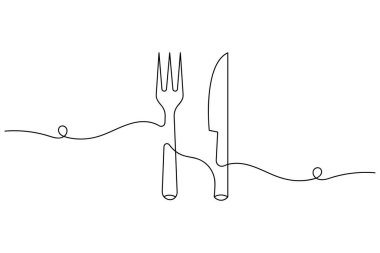 Beyaz bir arka planda bıçak ve çatal çizimi asgari düzeyde. Restoran veya yiyecekle ilgili tasarım için mükemmel.