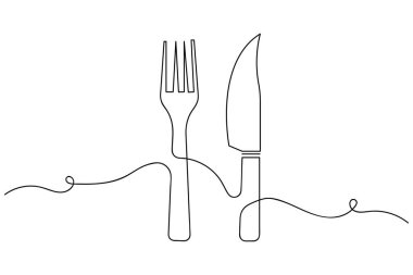 Beyaz bir arka planda bıçak ve çatal çizimi asgari düzeyde. Restoran veya yiyecekle ilgili tasarım için mükemmel.