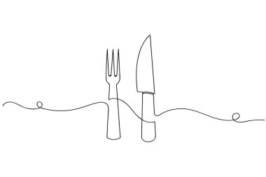 Beyaz bir arka planda bıçak ve çatal çizimi asgari düzeyde. Restoran veya yiyecekle ilgili tasarım için mükemmel.