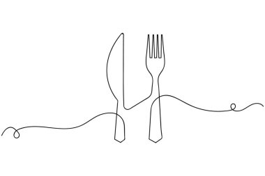 Beyaz bir arka planda bıçak ve çatal çizimi asgari düzeyde. Restoran veya yiyecekle ilgili tasarım için mükemmel.