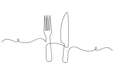 Beyaz bir arka planda bıçak ve çatal çizimi asgari düzeyde. Restoran veya yiyecekle ilgili tasarım için mükemmel.