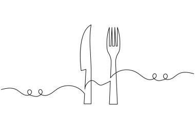 Beyaz bir arka planda bıçak ve çatal çizimi asgari düzeyde. Restoran veya yiyecekle ilgili tasarım için mükemmel.