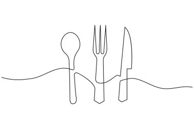 Çatal ve bıçağın minimalist sürekli çizimi restoran markalaşması, menüler ya da mutfak dekorasyonu için mükemmel.