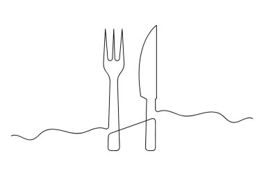 Çatal ve bıçağın minimalist sürekli çizimi restoran markalaşması, menüler ya da mutfak dekorasyonu için mükemmel.