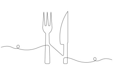 Çatal ve bıçağın minimalist sürekli çizimi restoran markalaşması, menüler ya da mutfak dekorasyonu için mükemmel.