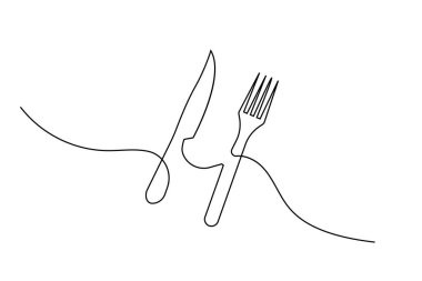 Çatal ve bıçağın minimalist sürekli çizimi restoran markalaşması, menüler ya da mutfak dekorasyonu için mükemmel.
