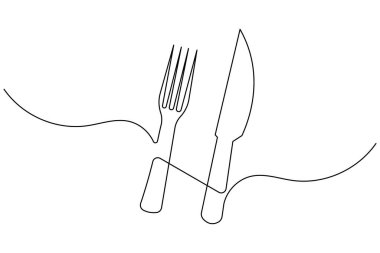 Beyaz bir arka planda bıçak ve çatal çizimi asgari düzeyde. Restoran veya yiyecekle ilgili tasarım için mükemmel.