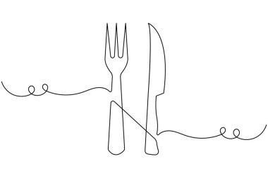 Beyaz bir arka planda bıçak ve çatal çizimi asgari düzeyde. Restoran veya yiyecekle ilgili tasarım için mükemmel.