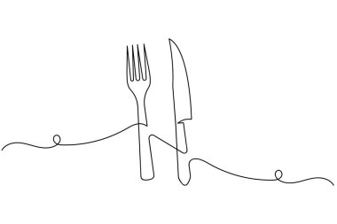 Beyaz bir arka planda bıçak ve çatal çizimi asgari düzeyde. Restoran veya yiyecekle ilgili tasarım için mükemmel.