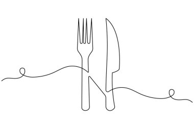 Beyaz bir arka planda bıçak ve çatal çizimi asgari düzeyde. Restoran veya yiyecekle ilgili tasarım için mükemmel.