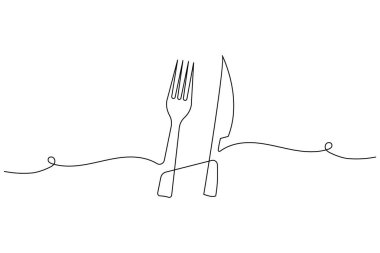 Beyaz bir arka planda bıçak ve çatal çizimi asgari düzeyde. Restoran veya yiyecekle ilgili tasarım için mükemmel.