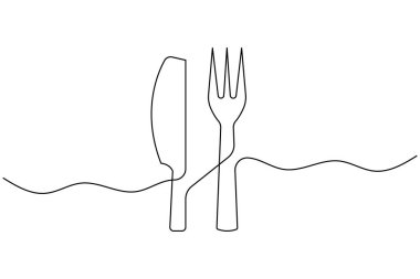 Beyaz bir arka planda bıçak ve çatal çizimi asgari düzeyde. Restoran veya yiyecekle ilgili tasarım için mükemmel.