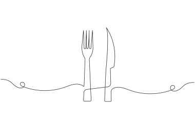 Beyaz bir arka planda bıçak ve çatal çizimi asgari düzeyde. Restoran veya yiyecekle ilgili tasarım için mükemmel.