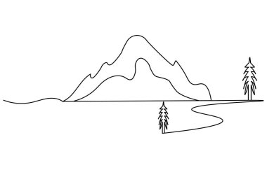 Dağ manzarası beyaz arka planda resim çizmeye devam ediyor.