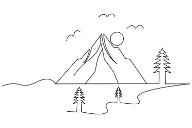 Ağaç ve yolu olan bir dağ manzarasının soyut ve sürekli çizimi, posterler ve minimalist dekorlar için idealdir..