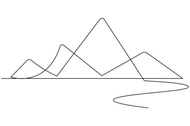 Ağaç ve yolu olan bir dağ manzarasının soyut ve sürekli çizimi, posterler ve minimalist dekorlar için idealdir..
