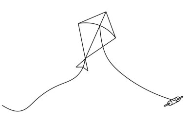 Uçurtma, beyaz arka planda uçan sicim minimalist anahatlı sürekli bir çizgi çizer.