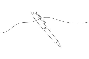 Bir tükenmez kalemin minimalist sürekli çizimi beyaz zemin üzerinde düz bir çizgi oluşturur, yazı, yaratıcılık, eğitim ve ofis tasarımları için idealdir.