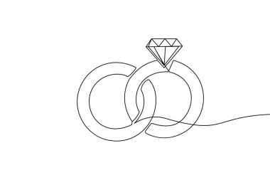 Minimalist bir nikah ve pırlantalı nişan yüzüğü çizimi. Aşk ve evlilik kavramları için beyaz arkaplanda izole edilmiş zarif mücevher çizimi.