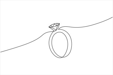 Minimalist, elmas bir nişan yüzüğünü çizmeye devam ediyor. Düğün dekoru veya logo tasarımı için temiz beyaz arkaplan üzerine zarif bir mücevher çizgisi çizimi.