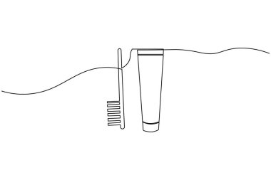 Minimalist bir diş fırçası ve diş macunu tüpü çizimi. Diş kliniği markalaşması ve ağız temizliği kavramları için mükemmel bir vektör çizimi.