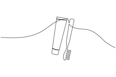 Diş fırçası ve diş macunu tüpünün minimalist bir çizimi. Bu temiz vektör illüstrasyonu, modern sanat tarzında diş hijyeni ve günlük sabah rutinlerini temsil eder..