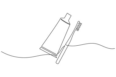 Diş fırçası ve diş macunu tüpünün minimalist bir çizimi. Bu temiz vektör illüstrasyonu, modern sanat tarzında diş hijyeni ve günlük sabah rutinlerini temsil eder..