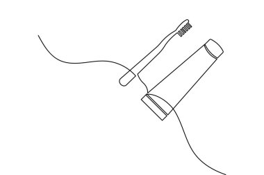 Minimalist bir diş fırçası ve diş macunu tüpü çizimi. Diş kliniği markalaşması, sağlık blogları ve temiz beyaz arka planda modern banyo dekorasyonu için mükemmel..