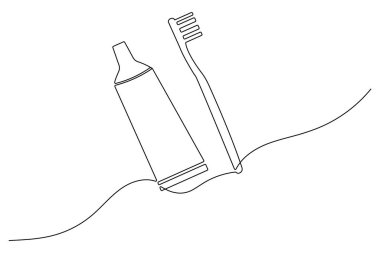Minimalist bir diş fırçası ve diş macunu tüpü çizimi. Diş kliniği markalaşması, sağlık blogları ve temiz beyaz arka planda modern banyo dekorasyonu için mükemmel..