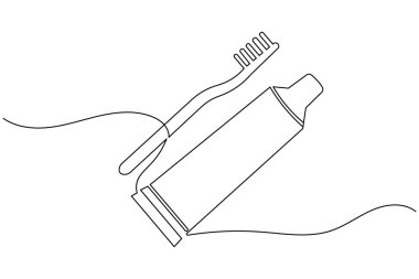 Minimalist bir diş fırçası ve diş macunu tüpü çizimi. Diş kliniği markalaşması, sağlık blogları ve temiz beyaz arka planda modern banyo dekorasyonu için mükemmel..