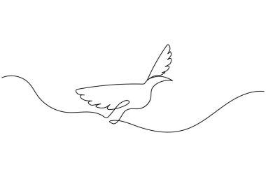 Uçan kuşun minimalist bir çizimi, modern logo tasarımı için mükemmel, ev dekoru baskısı, ya da temiz beyaz arka planda zarif markalaşma malzemeleri..