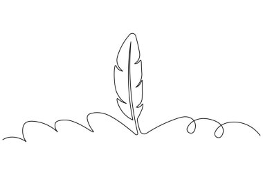 Bir kuş tüyü için zarif bir çizim. Bu minimalist siyah mürekkep çizimi modern markalaşma, logolar ve beyaz arka plandaki basit estetik tasarımlar için mükemmeldir..