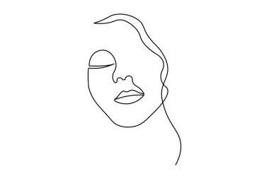 Bir kadının yüzünün minimalist sürekli çizimi. Bu zarif vektör illüstrasyonu, modern estetik tasarımlar ve logolar için mükemmel beyaz bir zemin üzerinde temiz siyah çizgiler içerir..