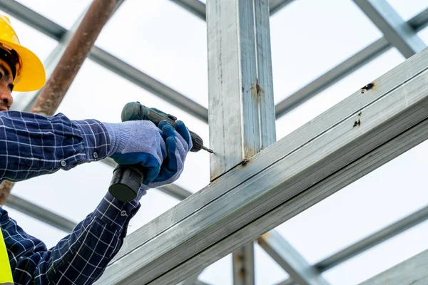 Construction Worker Using Electric Pneumatic Drill Bricks Build Interior Walls — Stock Photo, Image