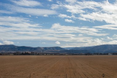 Güneşli bir günde güzel bir sonbahar manzarası, büyük yarısı beyaz bulutlu mavi gökyüzü, kar kaplı mavi dağlar, ağaçlar, ufuktaki evler, ön plandaki sarı tarlalar tarafından işgal edilir.