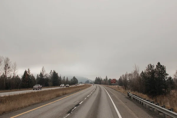 Une Route Asphaltée Long Laquelle Voitures Camions Vont Parmi Les — Photo