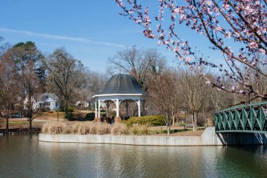 Büyük bir göleti ve çiçek açan ağaçların arasında güzel bir çardağı olan güzel bir park. Cleveland Park, Spartanburg, SC, ABD Güneşli bir bahar gününde.