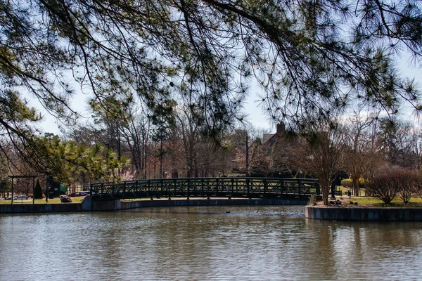 晴れた午後には早春の公園内の湖の上に緑の木製の橋 晴れた春の日に米国のSc スパルタンバーグのクリーブランド公園 — ストック写真