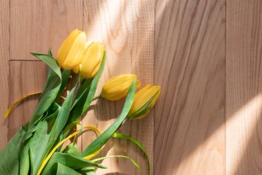 Ahşap bir arka planda, parke üzerinde güzel sarı laleler. Bahar güneşinin ışınlarında parke tahtalarında yeşil yapraklı bir buket sarı çiçek. Bahar sarısı yeşil buket.