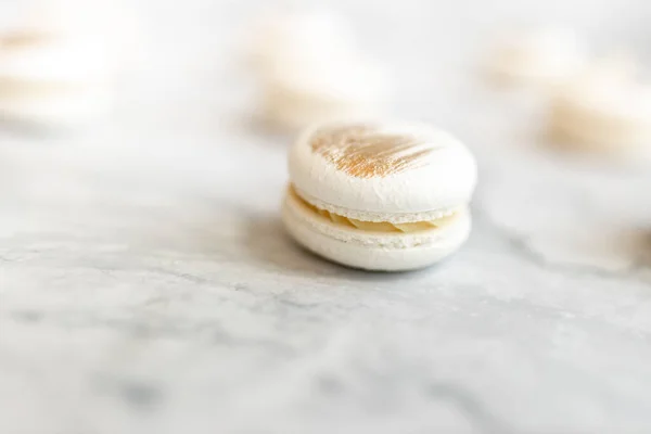 Tasty Macarons Color Background Vanilla Macarons Gilding Marble Table — Stock Photo, Image