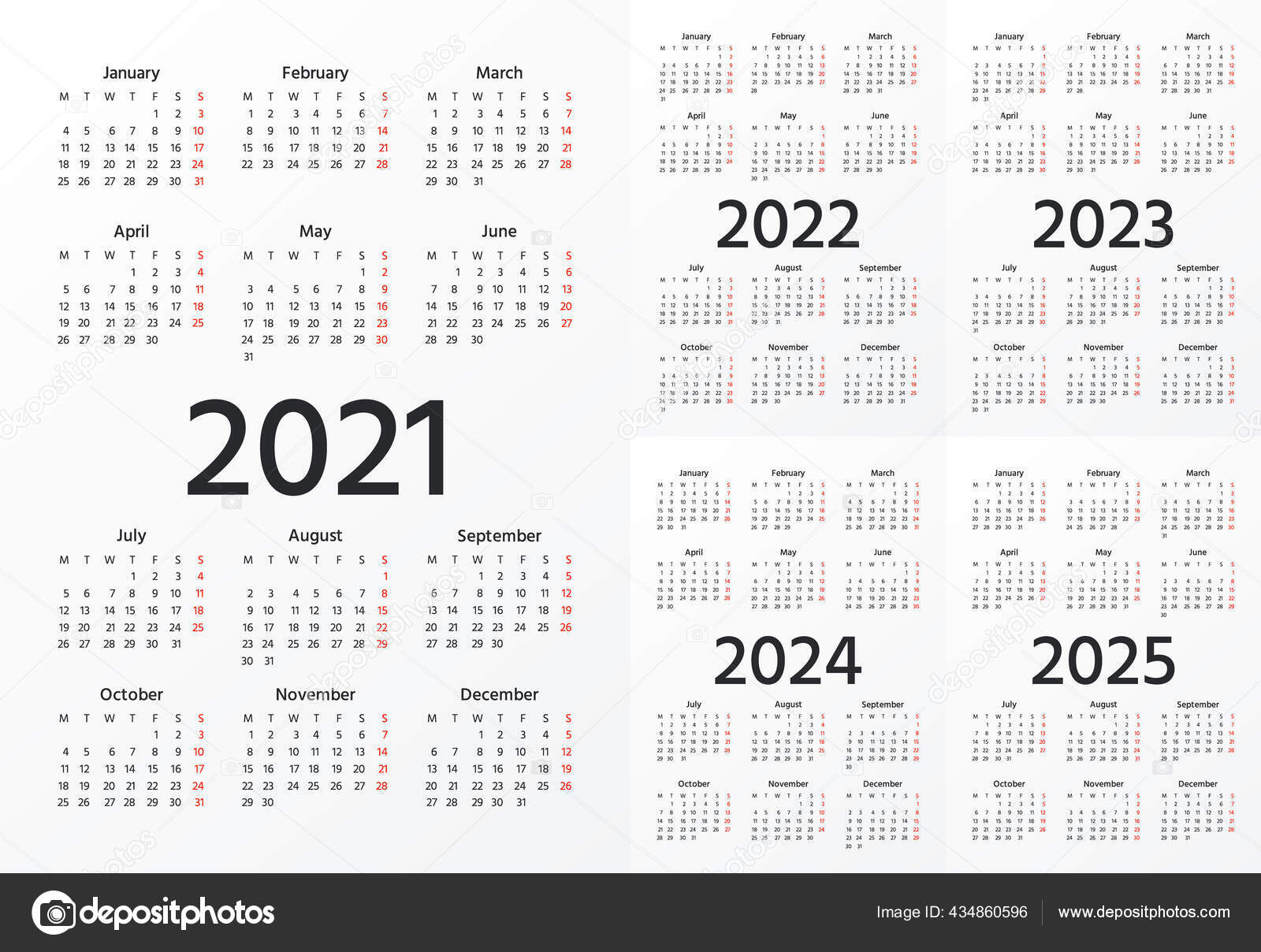 Calendar 2021 2022 2023 2024 2025 Years Vector Week Starts Vector Image By C Maradaisy Vector Stock 434860596
