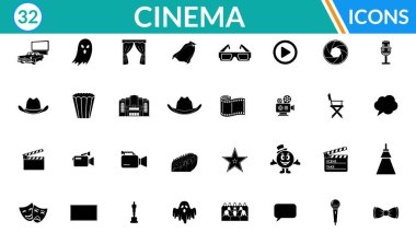 Sinema simgeleri ayarlandı. Sinema için düz film vektör çizimi