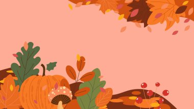 Balkabakları ve akçaağaç yaprakları ile elle çizilmiş sonbahar arkaplanı, sonbahar vektör illüstrasyonuna hoş geldiniz.